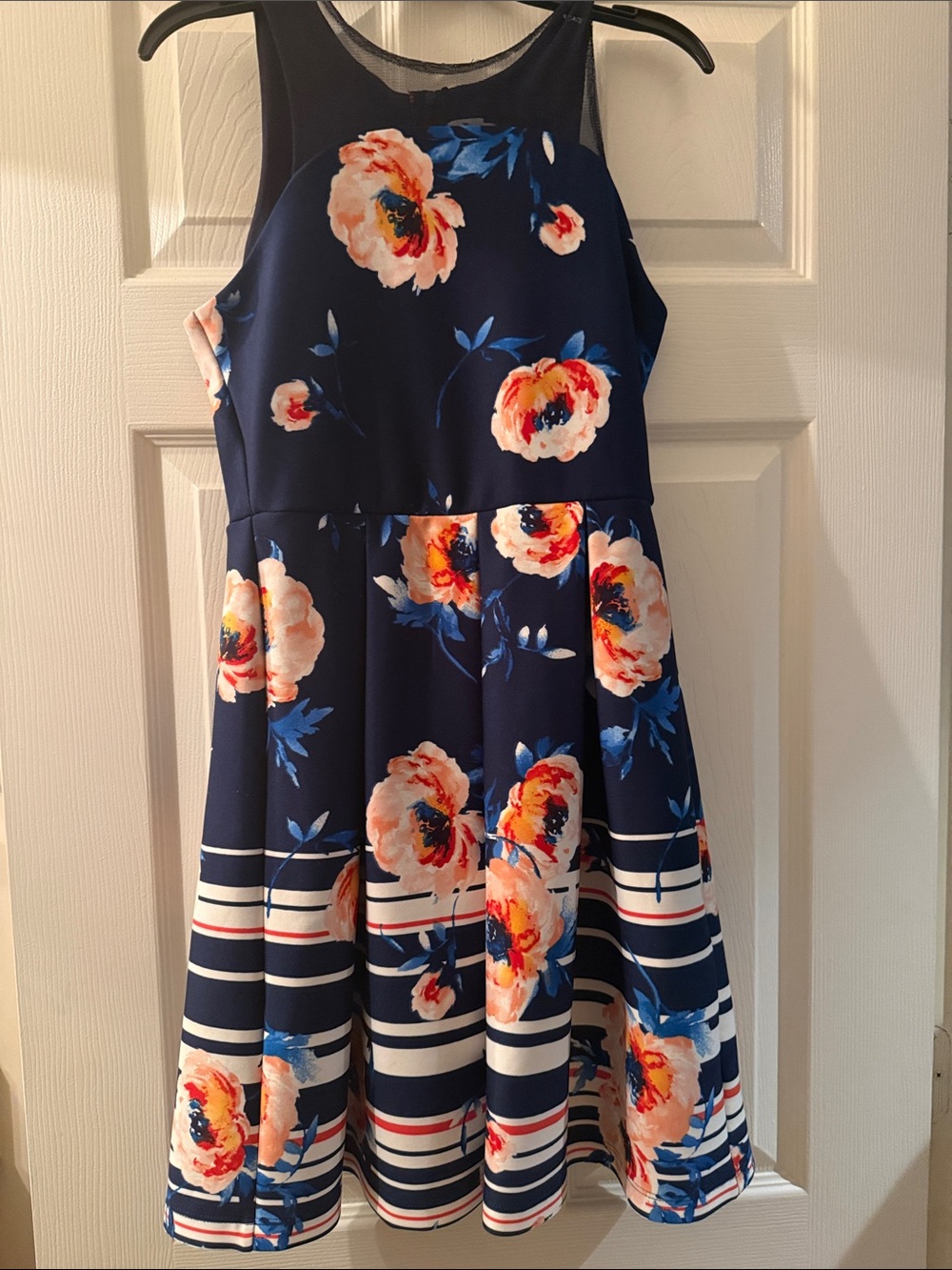 Rare Editions Navy Floral Fit-and-Flare Dress with Peach Blooms